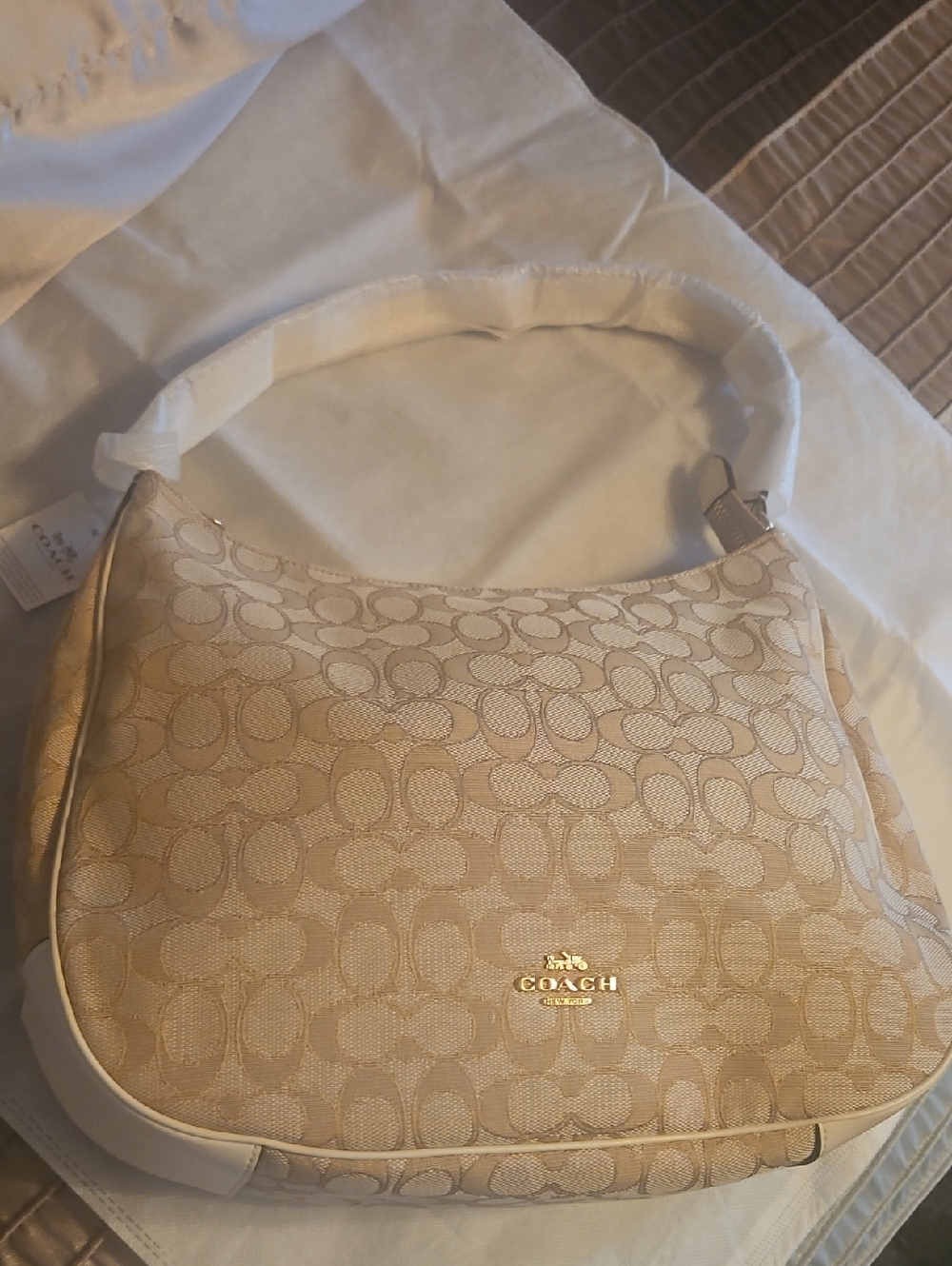 Coach Beige Signature Jacquard Hobo Shoulder Bag